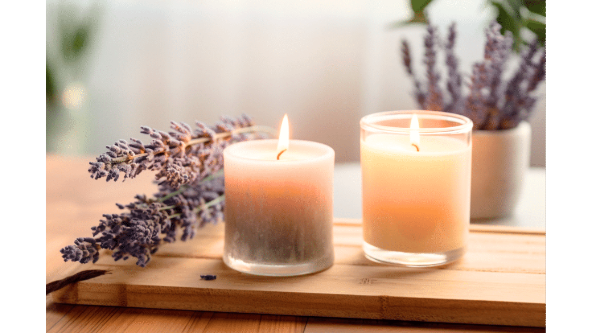 Aromatherapy Candles for Stress Relief: Candles on a Wooden Table with Lavender.